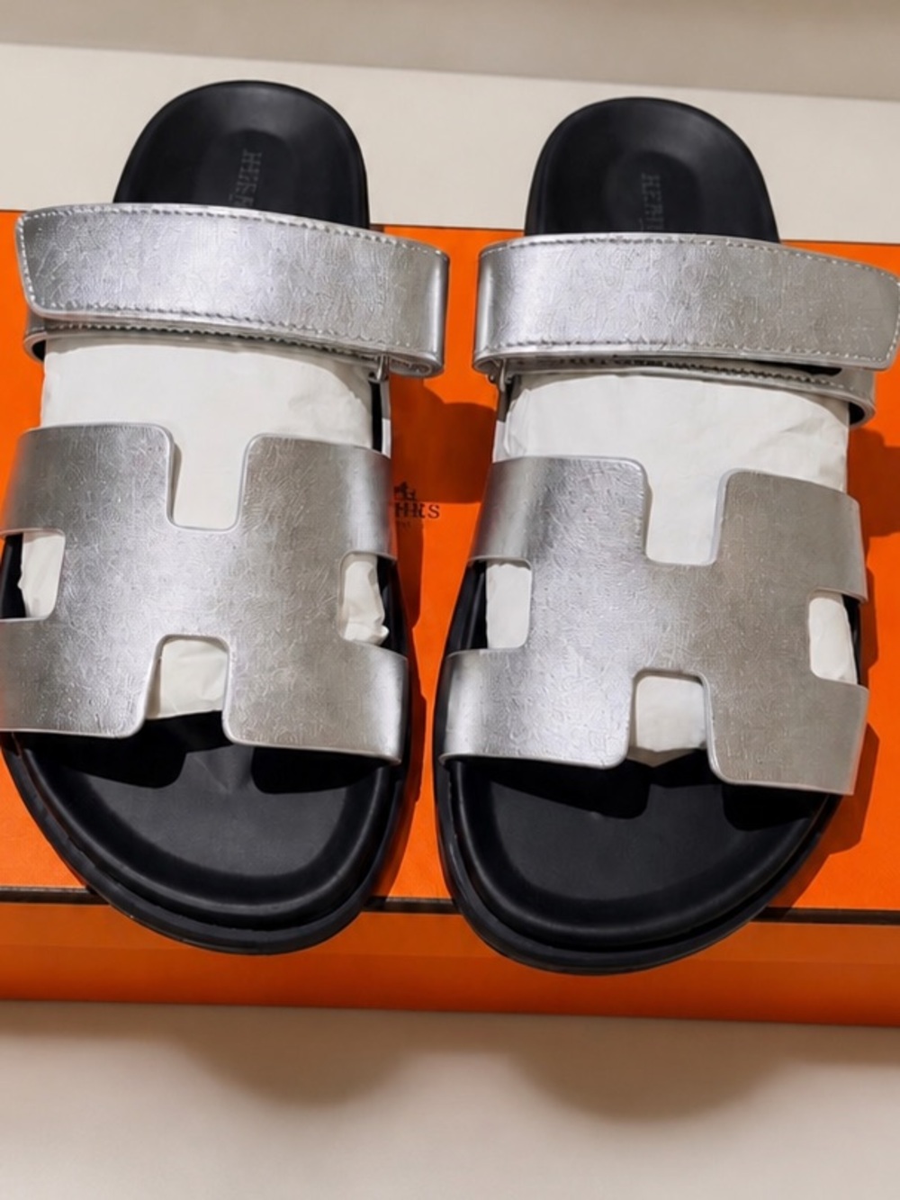 Hermes chyprie Silver Metallic Slide Sandals size 38.5